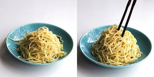 Noodles in a blue bowl.
