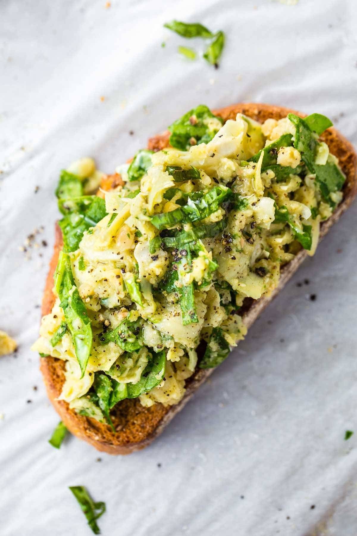 White Bean Artichoke Basil Toast.