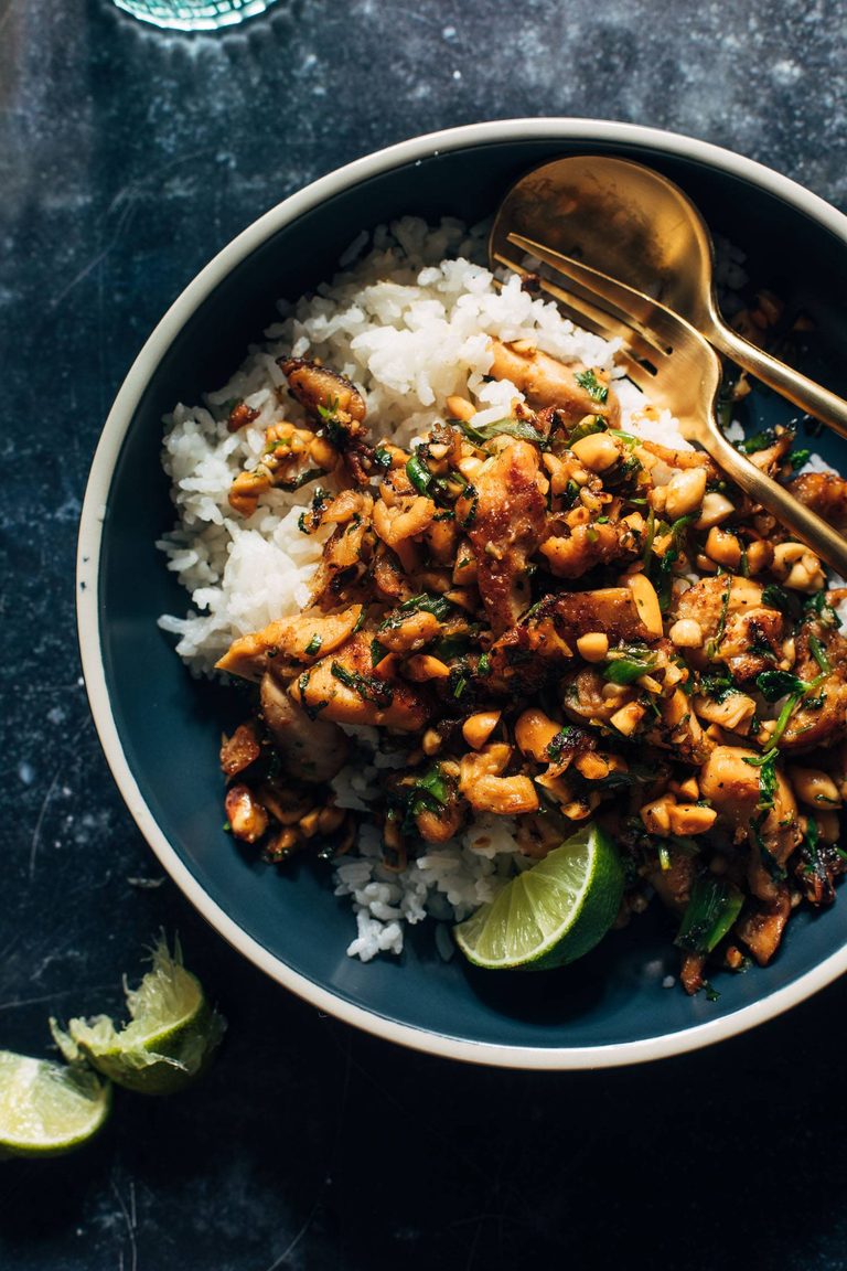 Ginger peanut chicken with rice.