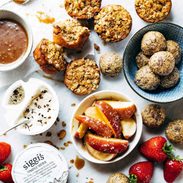 Snacks on a table with Siggi's yogurt.