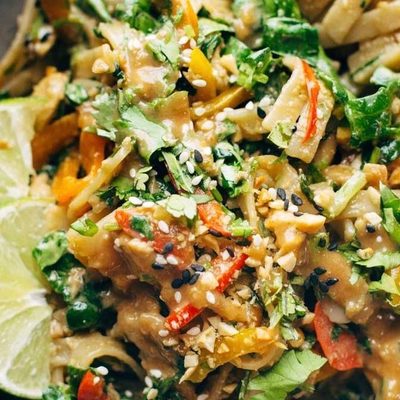 Thai Noodle Salad in bowl with fork.
