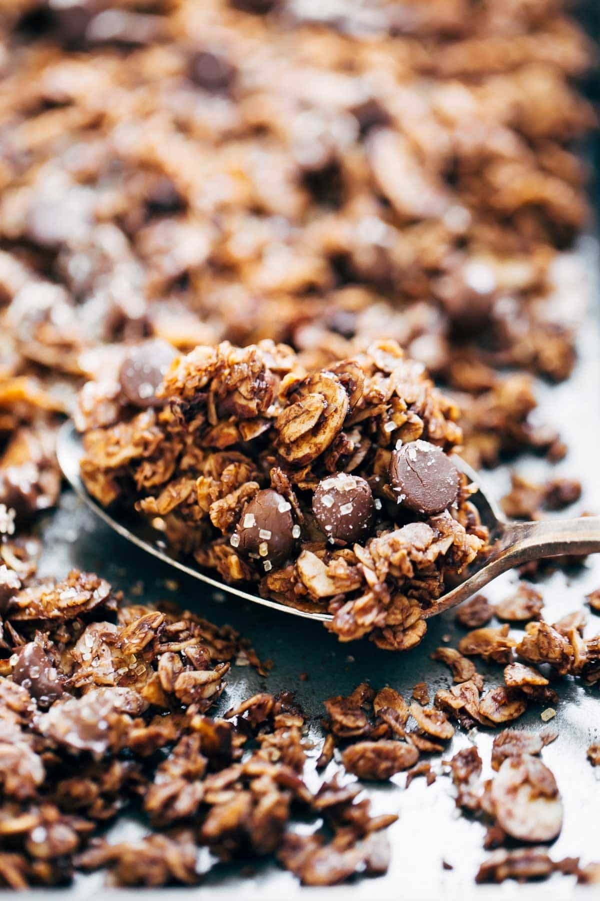 Chocolate granola on a pan.