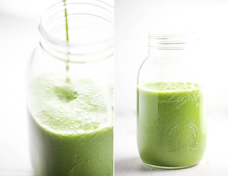 Green apple smoothie in a jar.