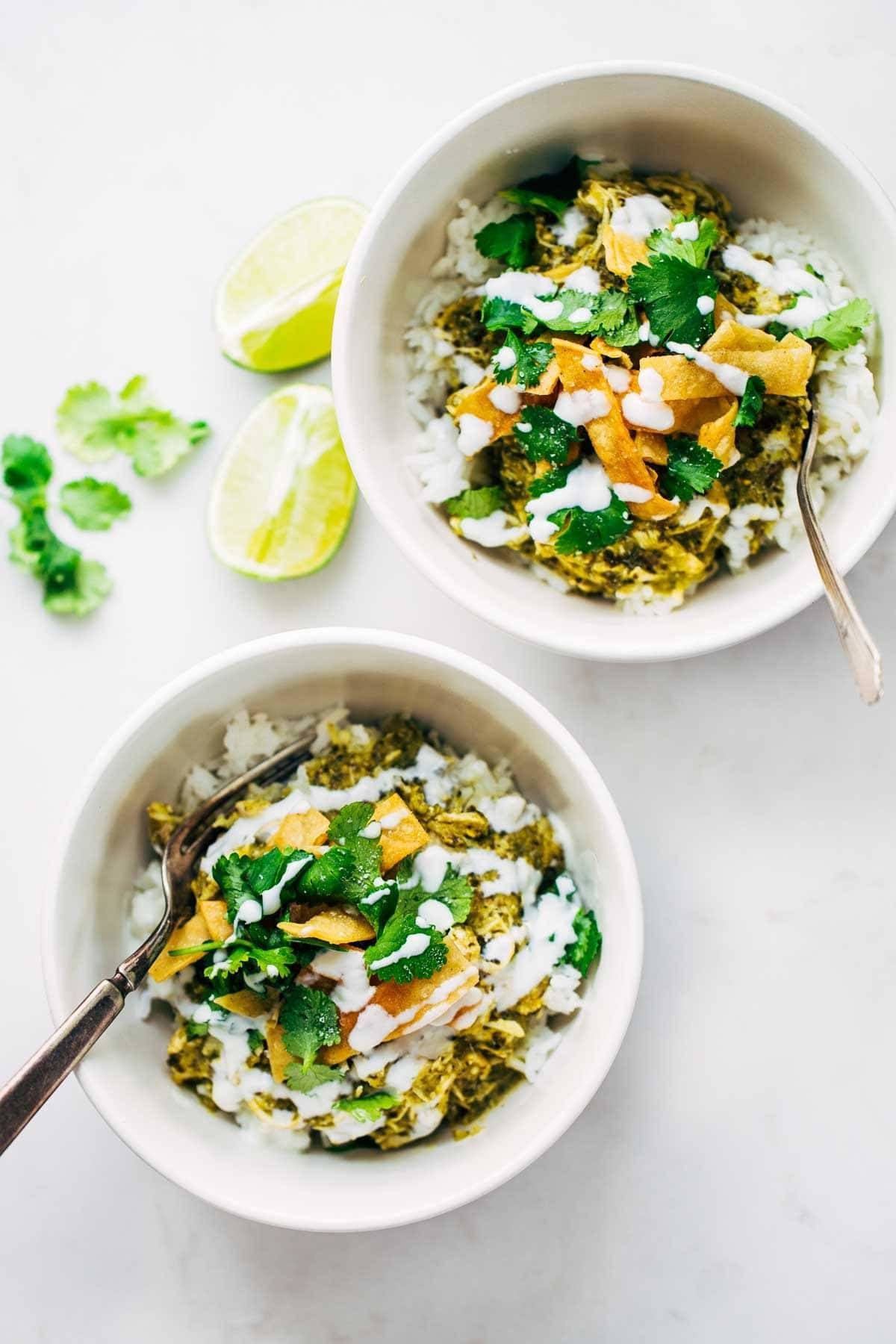 Roasted Tomatillo Chicken and Rice Bowls with limes.