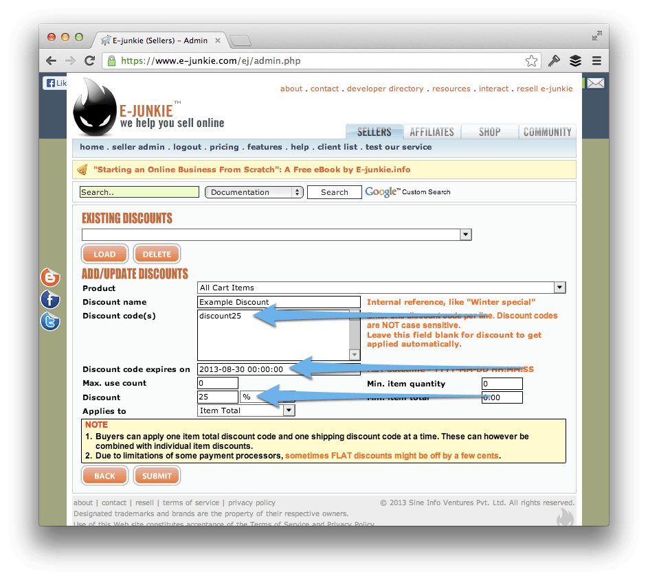 Adding a Discount Code in E-Junkie.