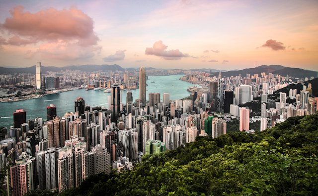 An aerial view of skyscrapers in Hong Kong