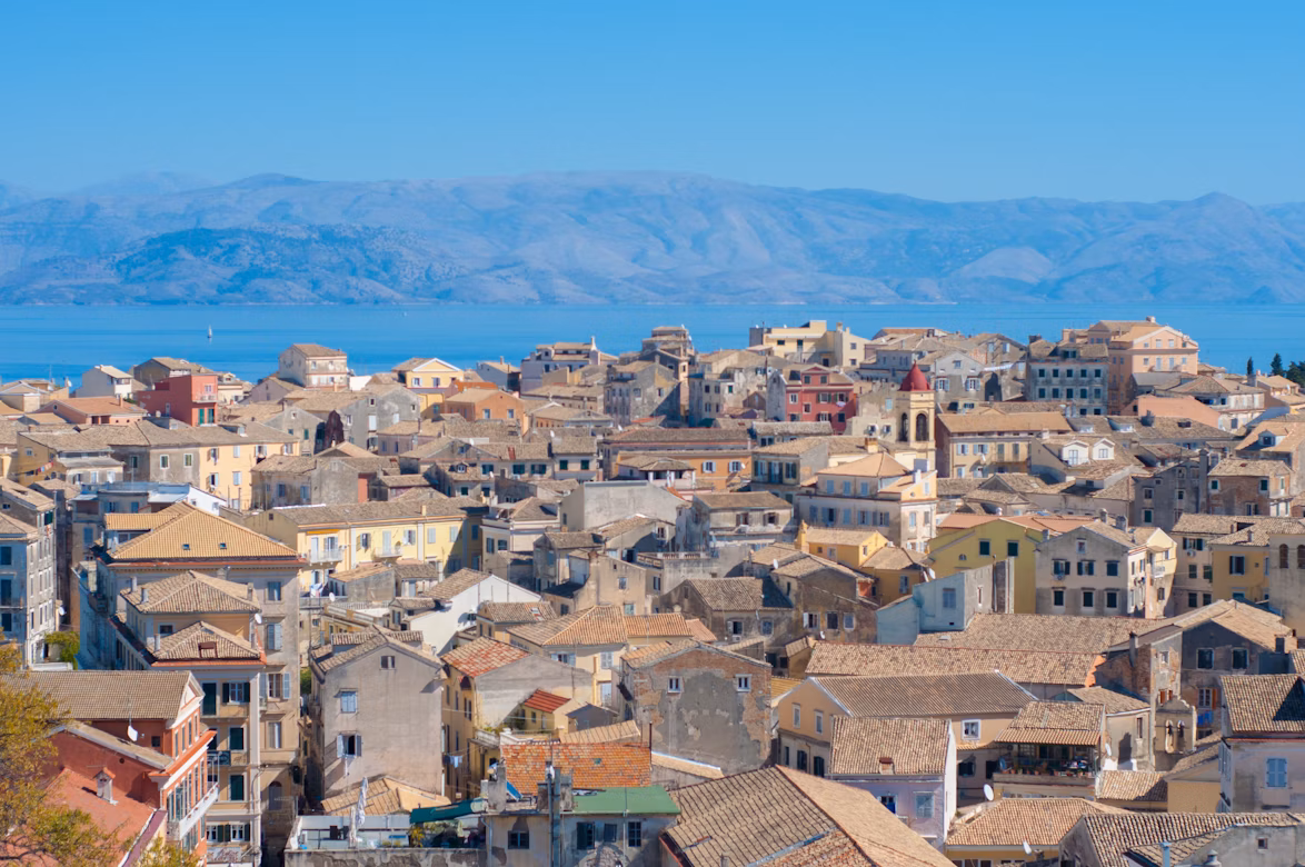 View of Corfu Old Town and harbor in early autumn light