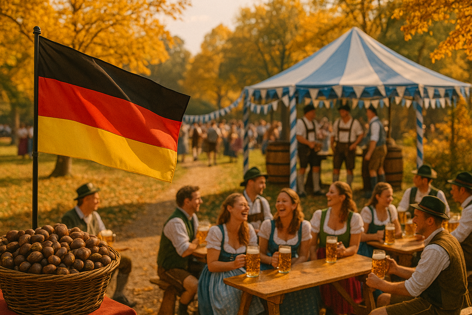 German flag waving over an Oktoberfest celebration with autumn foliage.