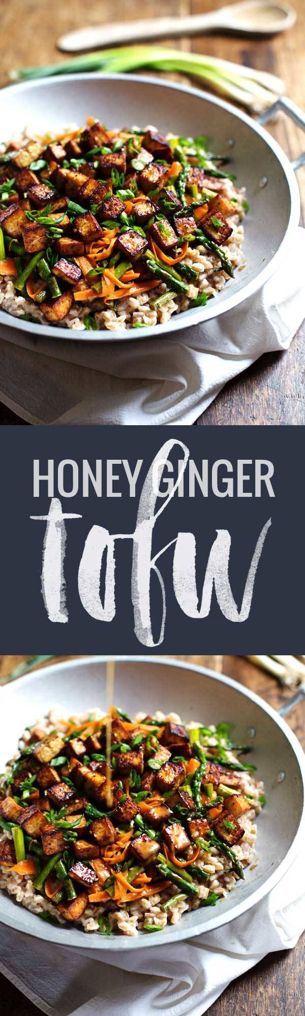 Honey Ginger Tofu and Veggie Stir Fry - crunchy colorful veggies, golden brown tofu, homemade stir fry sauce. So good! 400 calories. | pinchofyum.com