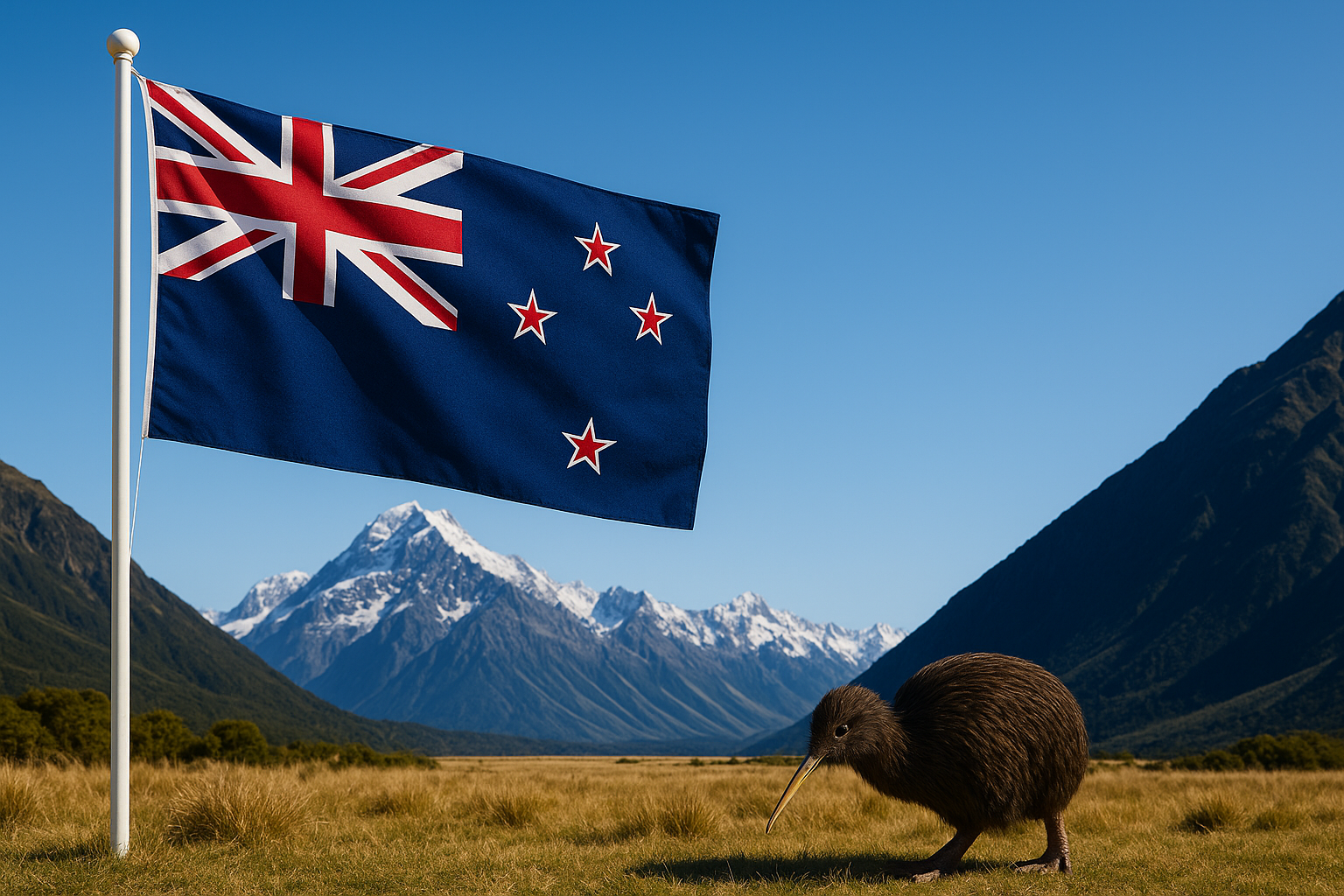 New Zealand flag with kiwi bird and mountains in the background.