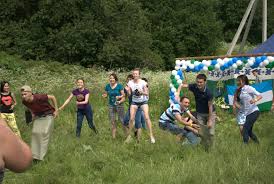People playing sack race at Sabantuy