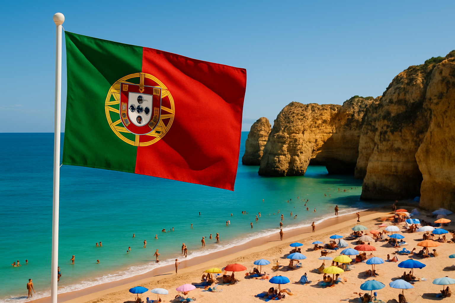 Portuguese flag waving above a scenic beach with turquoise water.