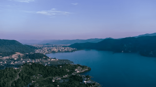 Serene view of the Phewa Lake Tal Barahi Island