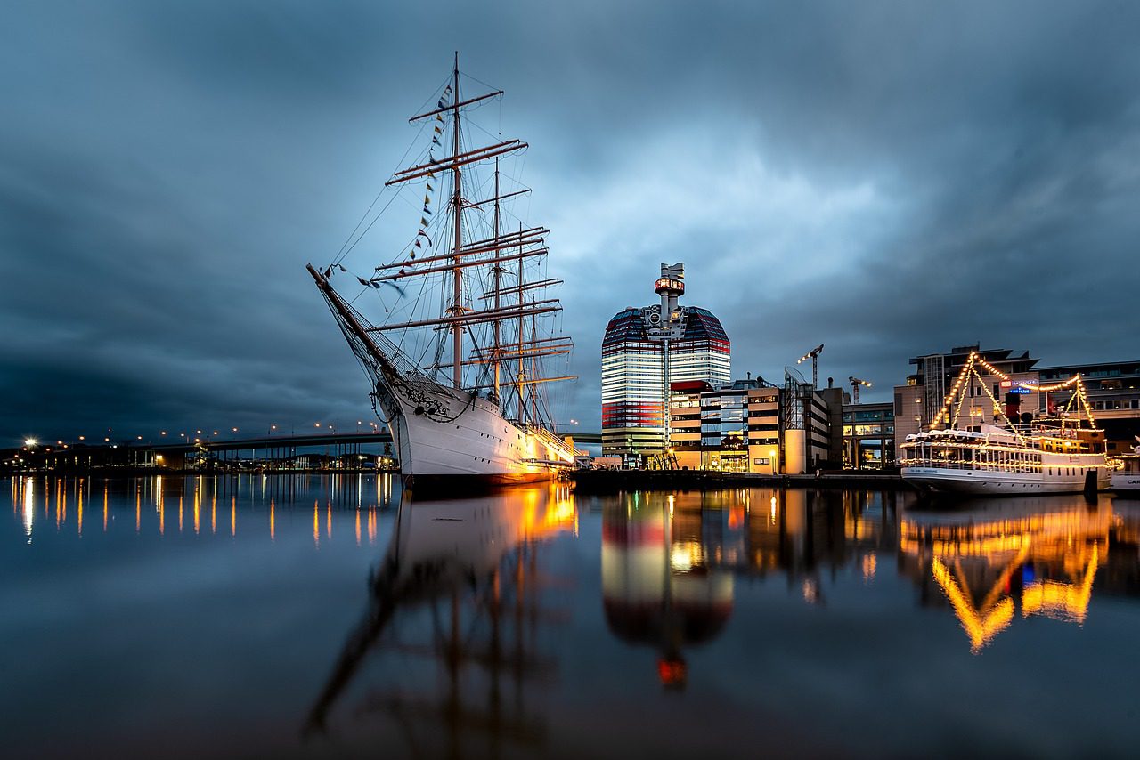 Ship docked at a scenic Swedish port