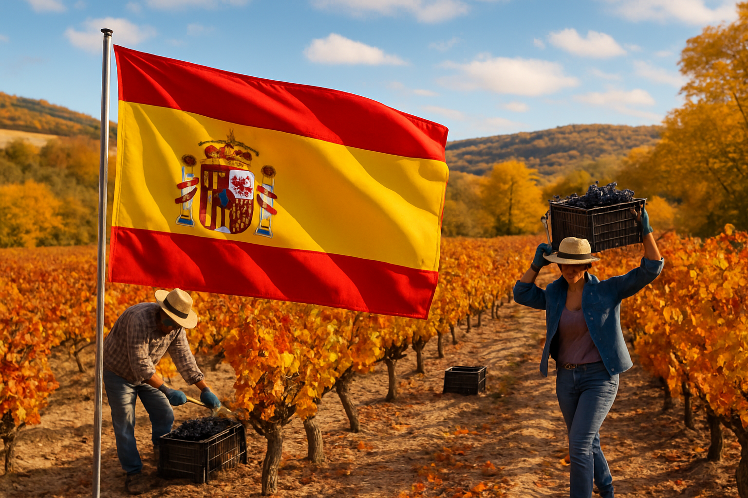 Spanish flag waving in a vineyard during autumn grape harvest.