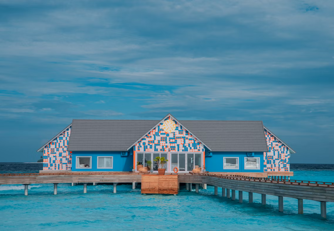 Sunny winter morning at a Maldives water villa