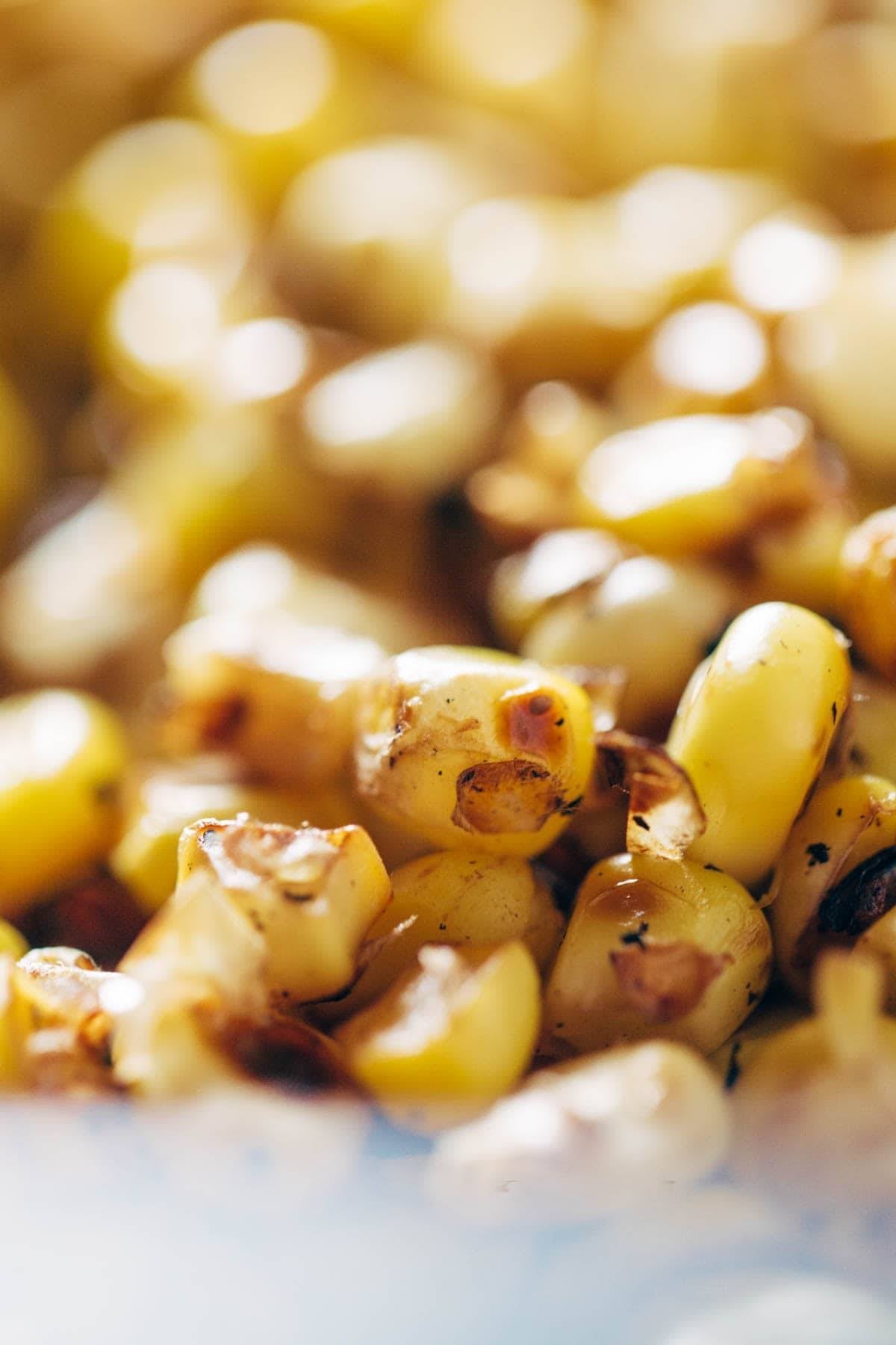 Corn kernels in a pan.