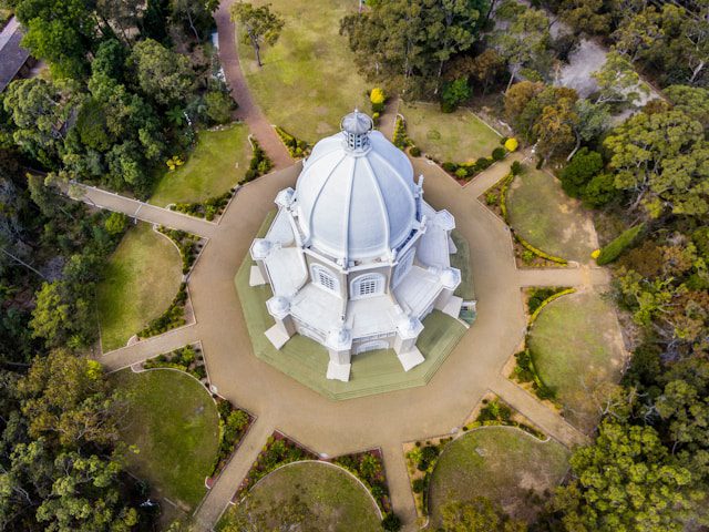 Aerial view of white domed Bahá'í Temple