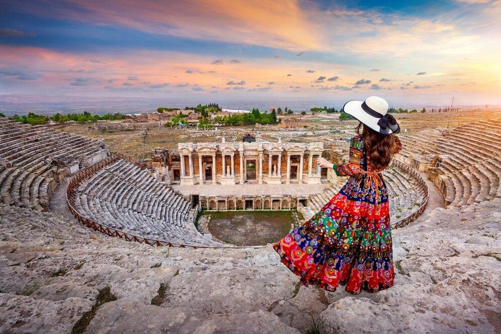 Woman standing in ancient Hierapolis theater, Turkey