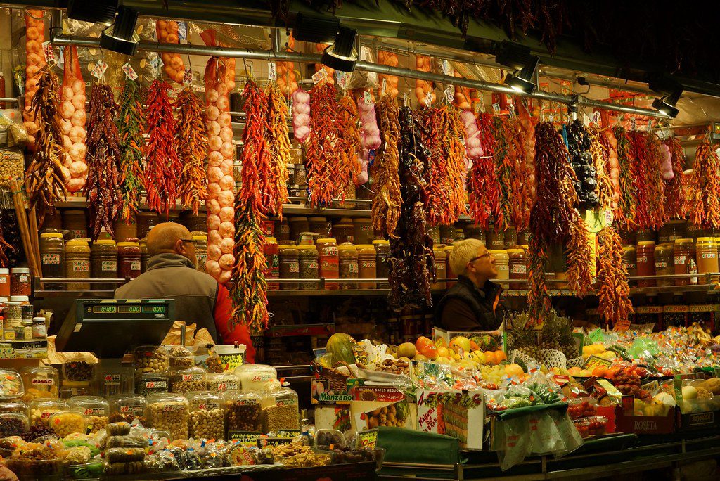 Fruit and spice market at La Boqueria Market