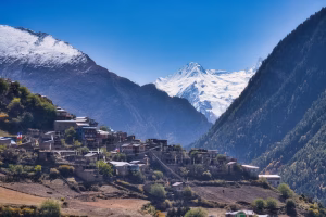Misty mountain view over terraced fields in Nepal